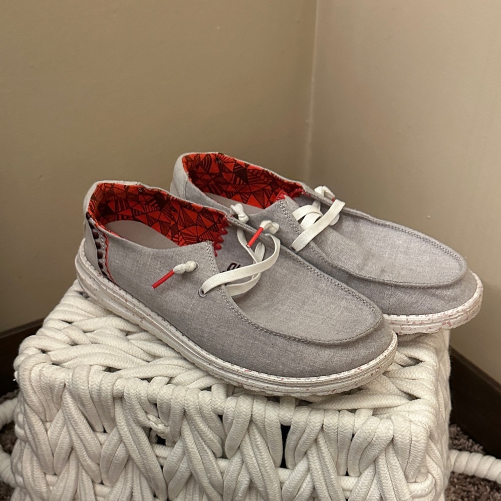 Hey Dude Gray Loafers with Red Interior